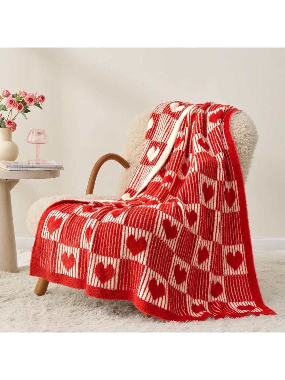 Cozy Red Heart Checkered Blanket for Women | Soft Fluffy Faux Fur | Valentine's